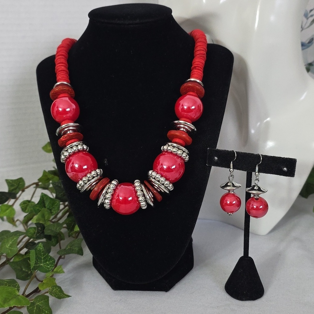 Chunky Red Glass and Wood Bead Necklace and Earrings Set
